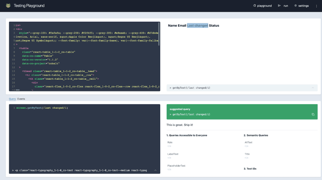 Testing playground interface showing the component tree